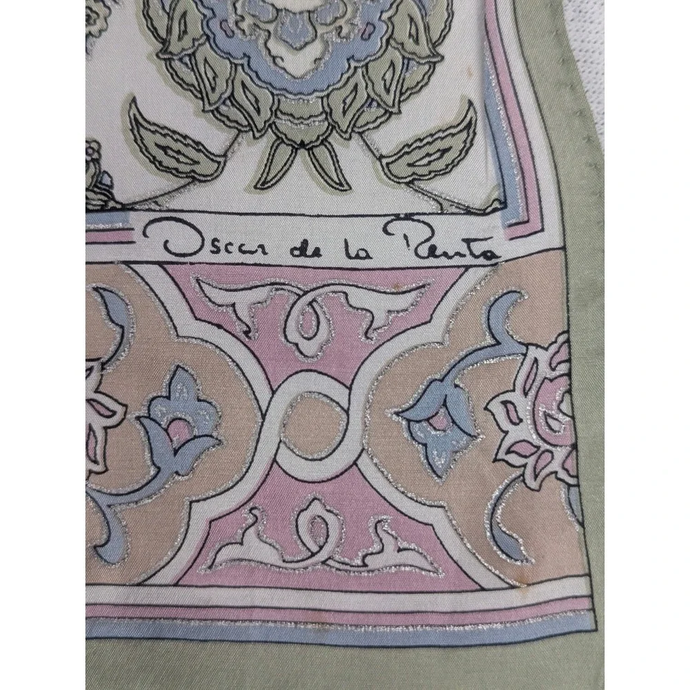 Oscar de la Renta Silk Scarf Floral Paisley Green Pink Blue Japan VTG Grandma